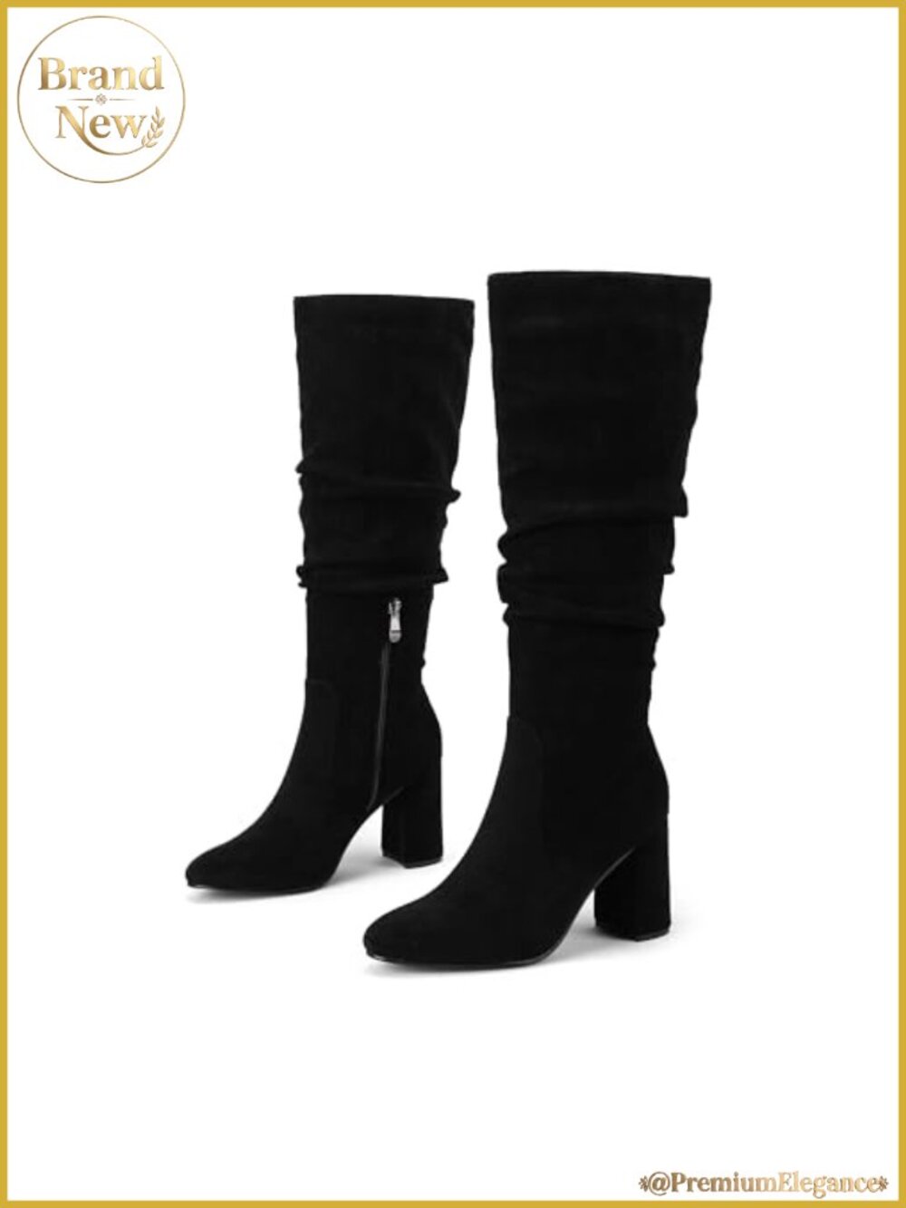Pointed Toe Faux Suede Knee High Boots Slouchy Block Heel Tall Boots